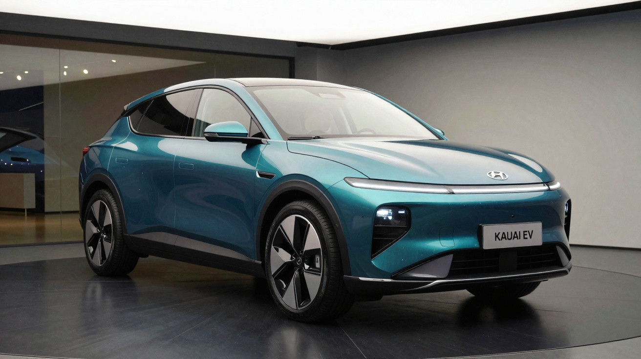 Carro elétrico Hyundai Kauai EV azul em exibição em ambiente interno moderno e minimalista.