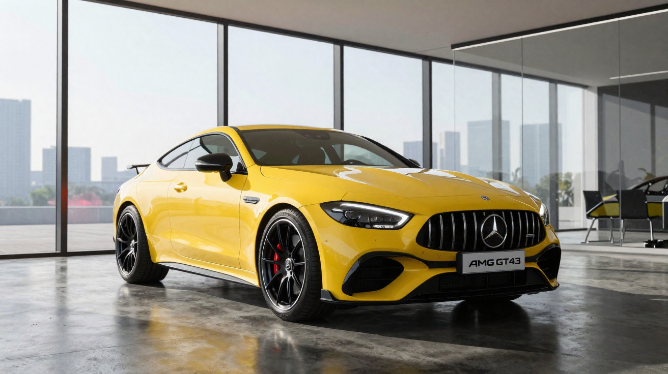 Carro esportivo Mercedes-AMG GT43 amarelo em garagem com grandes janelas e piso de concreto.