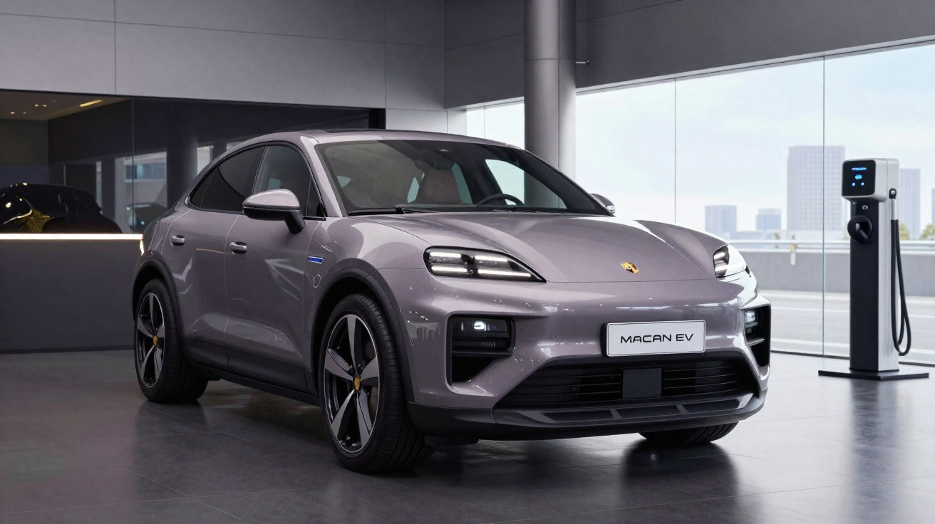 Carro elétrico Porsche Macan EV cinza estacionado em showroom moderno com estação de recarga ao lado.