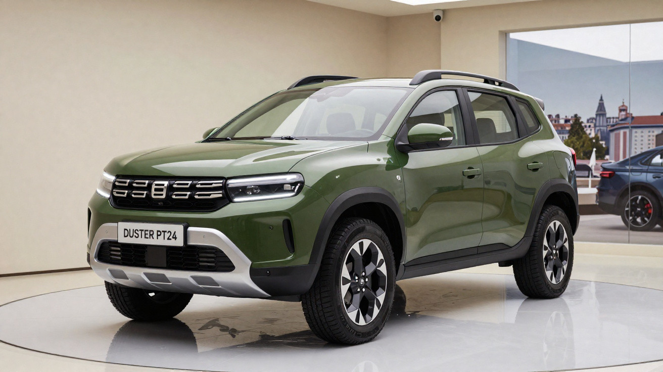 SUV verde Duster PT24 estacionado em ambiente fechado com piso brilhante e janela ao fundo.