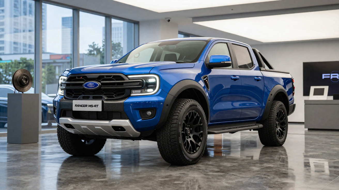 Picape Ford Ranger MS-RT azul exibida em showroom com piso de concreto polido.