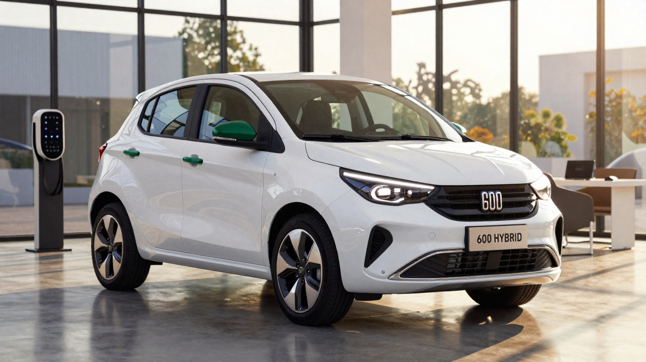 Carro compacto branco 600 Hybrid estacionado em ambiente interno moderno com estação de carregamento elétrico.