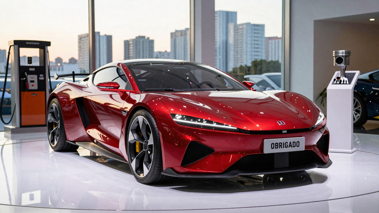 Carro esportivo vermelho exibido em showroom moderno com prédios ao fundo.