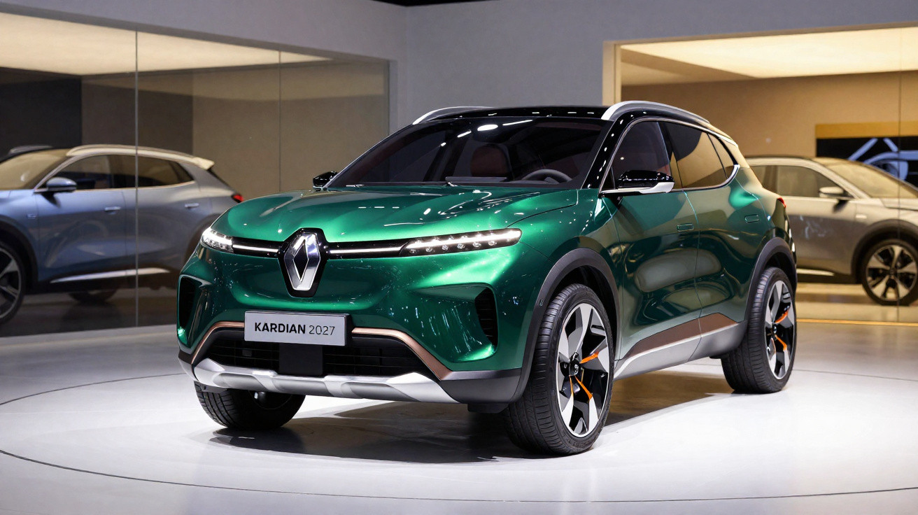 Carro conceito SUV elétrico verde da Renault modelo Kardian 2027 em exposição interna.