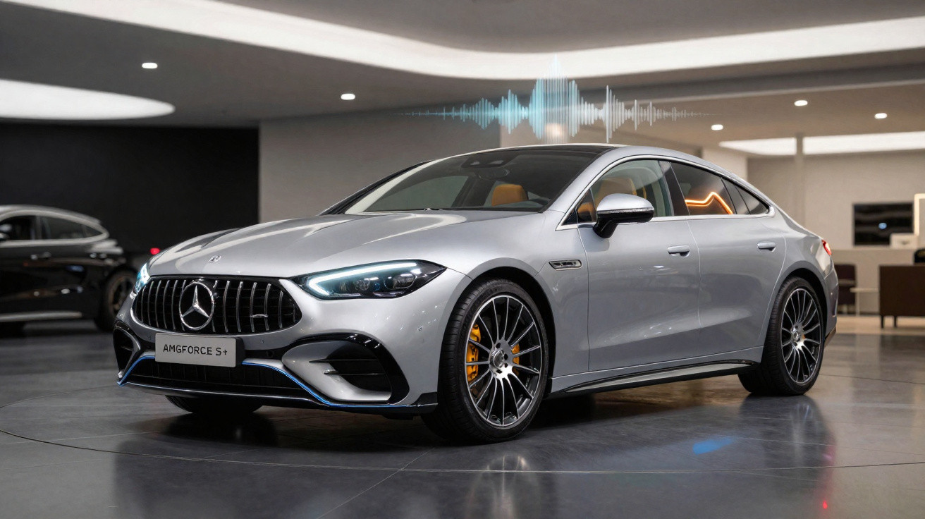 Carro Mercedes-Benz AMG prata em showroom moderno com luzes refletindo no chão polido.
