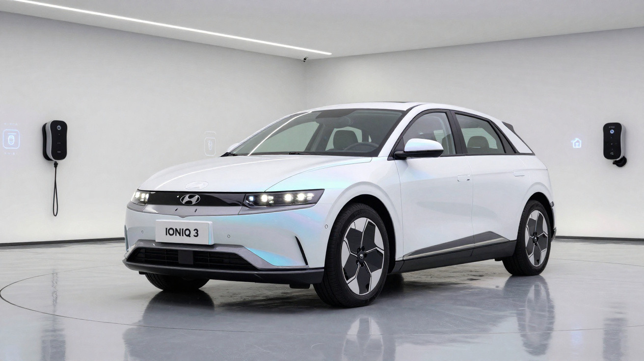 Carro elétrico branco Hyundai Ioniq 3 em estúdio com estações de carregamento nas paredes brancas.