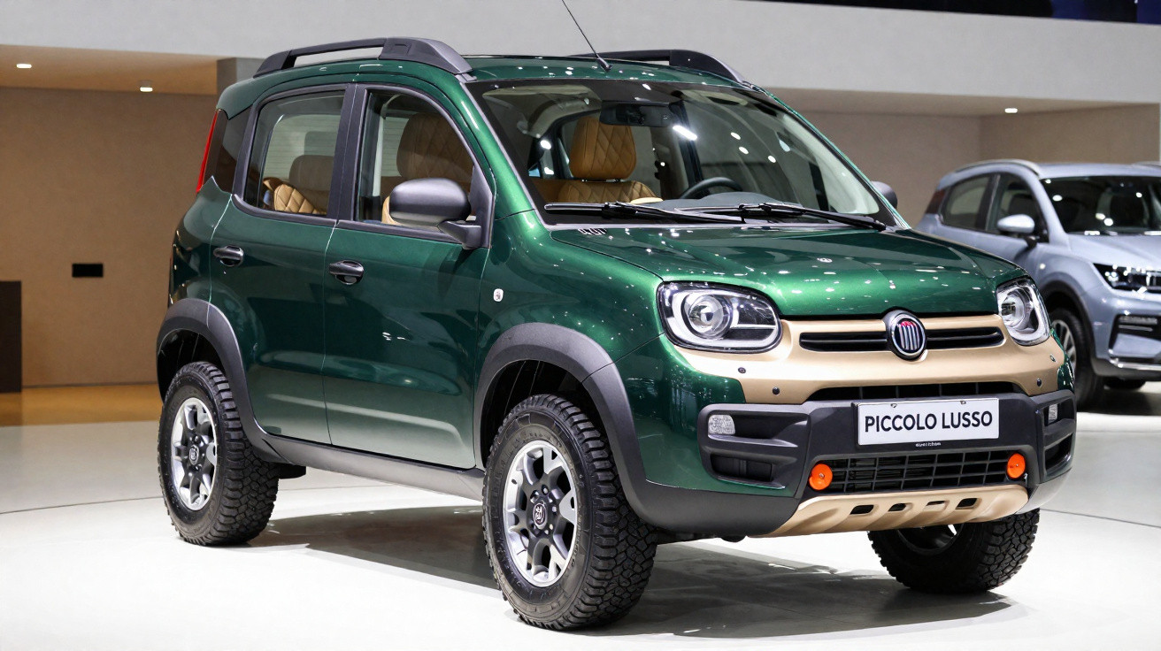 Carro SUV compacto verde metálico Fiat Piccolo Lusso exposto em salão automotivo.