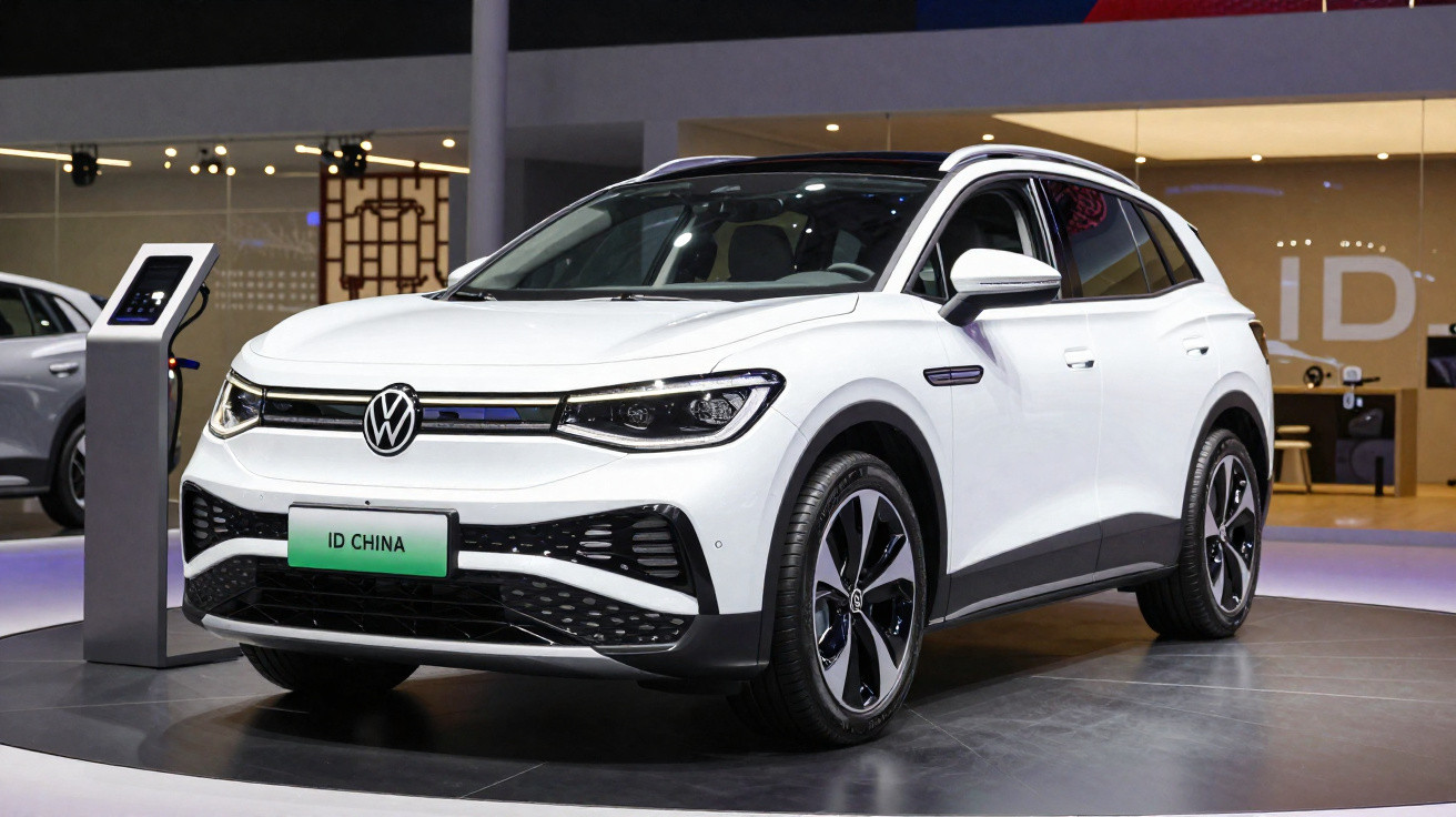 Carro elétrico Volkswagen ID China branco exposto em salão de automóveis.