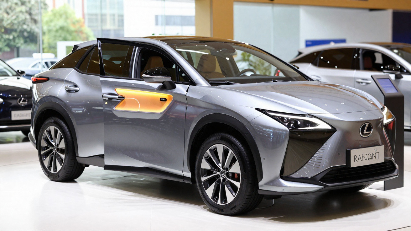 SUV elétrico Lexus RZ 450e cinza exposto em showroom com design moderno e faróis afilados.