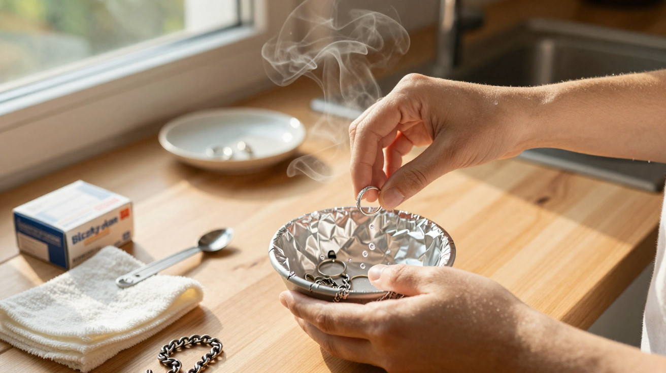 Pessoa usando vapor para limpar joias em uma tigela coberta com papel alumínio na cozinha.