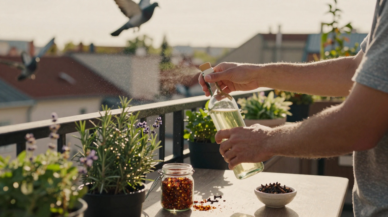 Pessoa borrifando líquido em plantas em vasos no parapeito de sacada com pimenta e especiarias na mesa.