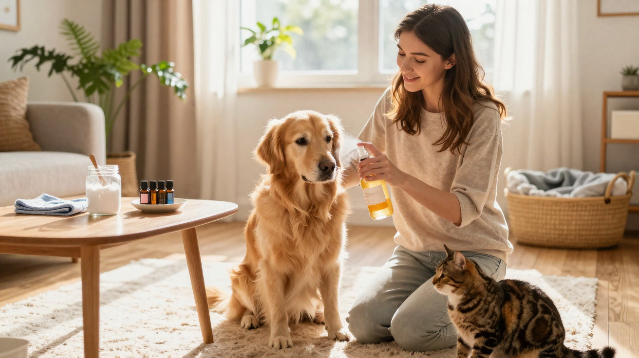 Mulher sorrindo borrifando spray em cachorro dourado, com gato ao lado, em sala iluminada.