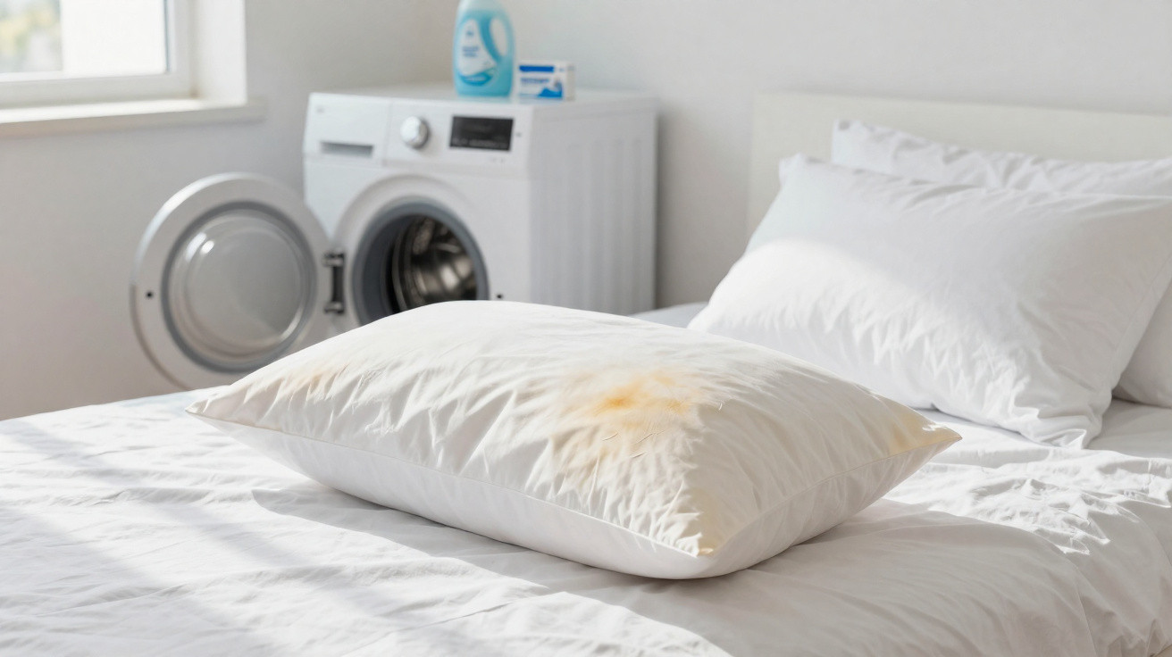 Travesseiro branco com mancha amarela sobre cama clara ao lado de máquina de lavar com porta aberta.