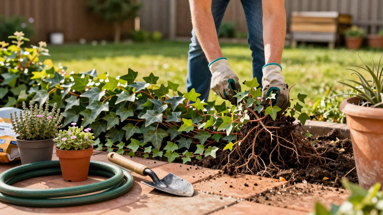 Pessoa transplantando planta de hera em jardim com luvas, regador, pá e vasos ao redor.