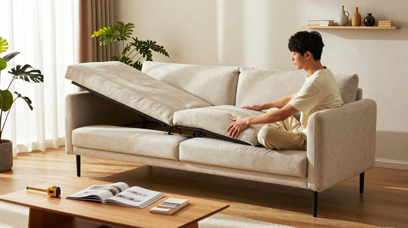 Pessoa sentada em sofá bege reclinável em sala com mesa de madeira e plantas, iluminada por luz natural.