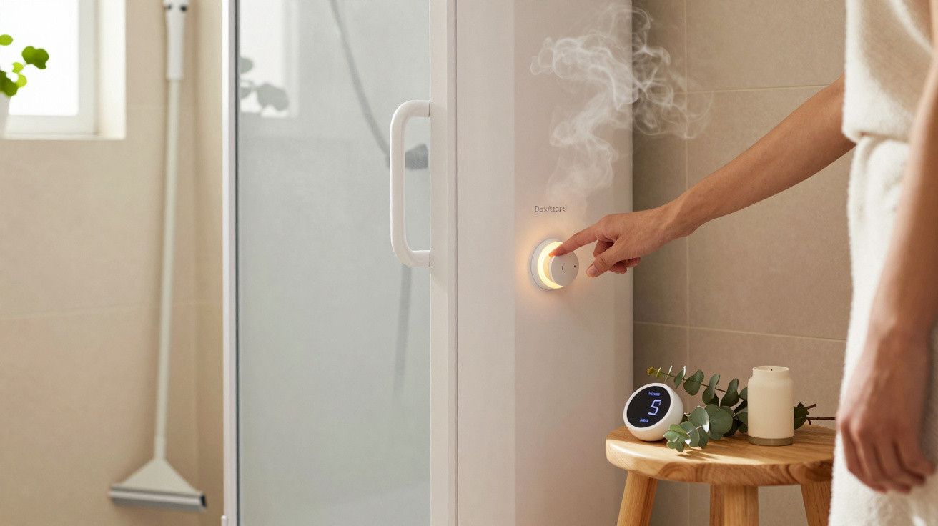Pessoa ajustando botão de sauna a vapor em banheiro, com toalete, mesa de madeira e plantas ao lado.