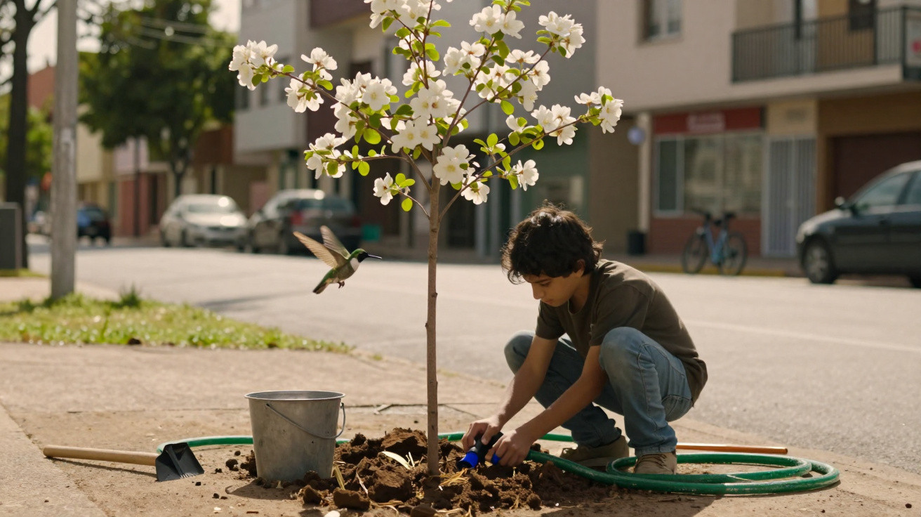 Menino com regador azul plantando árvore florida branca na calçada de rua urbana.