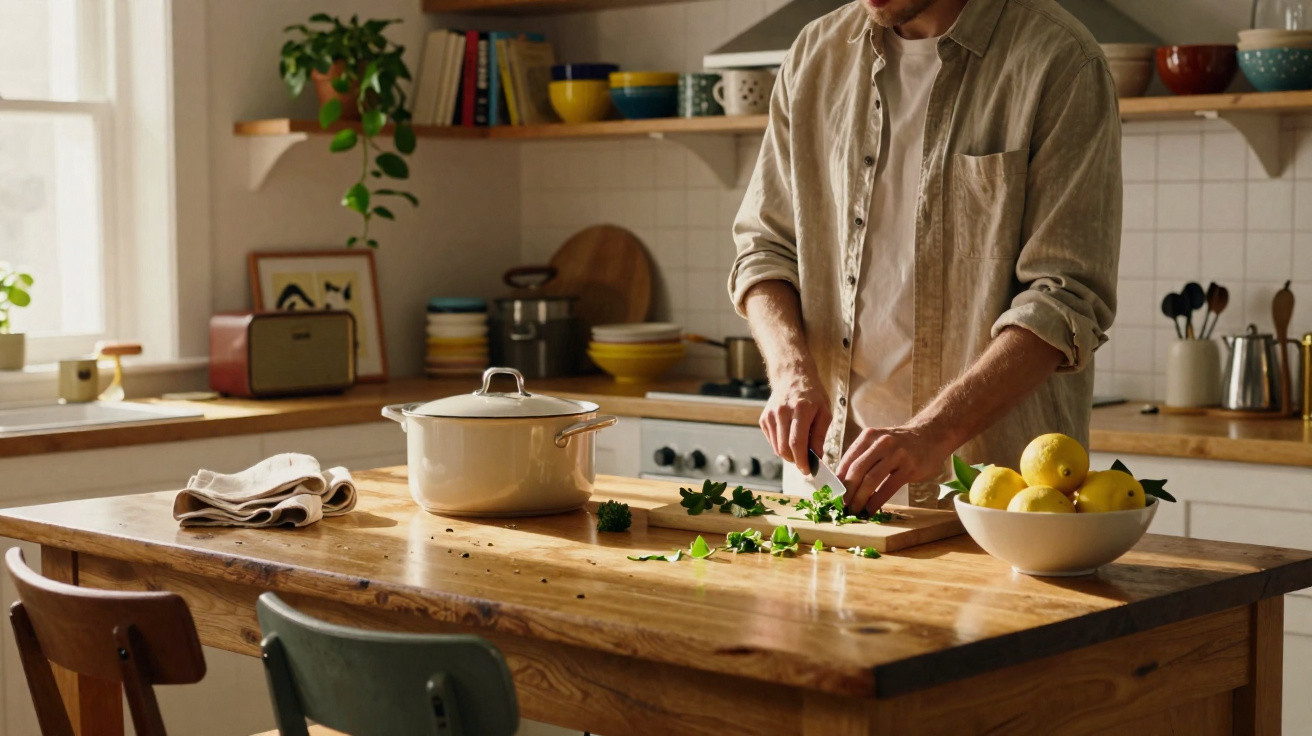 Homem cortando ervas frescas em cozinha rústica iluminada ao redor de mesa de madeira com frutas e panela.
