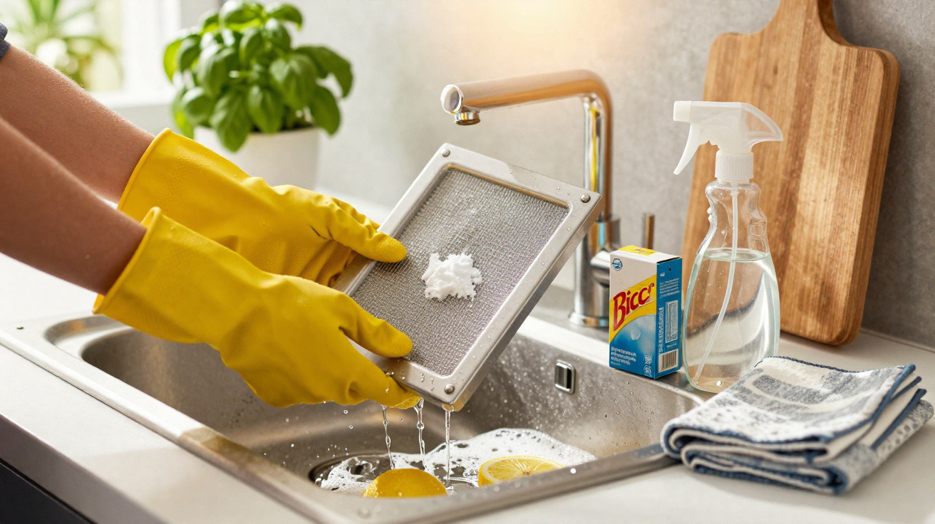 Mãos com luvas amarelas lavando filtro de exaustor com produto de limpeza e esponja na pia da cozinha.