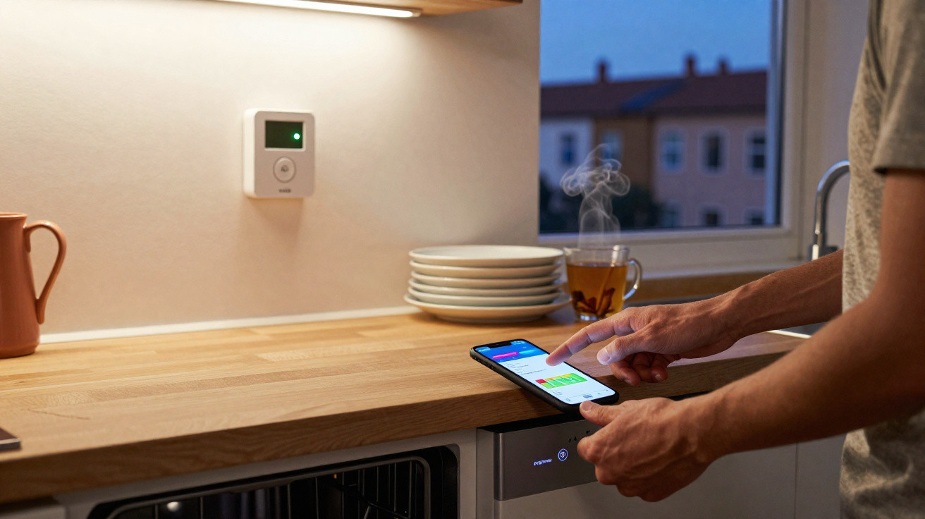 Pessoa usando smartphone para controlar termostato digital em cozinha moderna com xícara de chá fumegante.