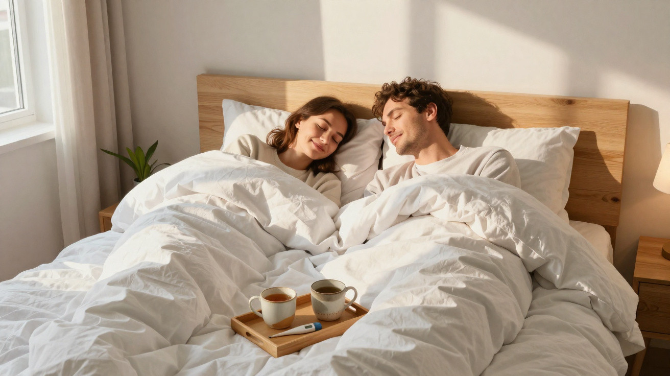 Casal descansando na cama sob cobertores brancos com bandeja e duas xícaras pela manhã.