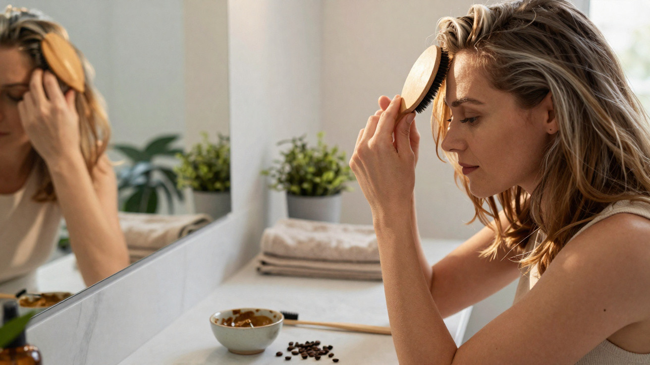 Mulher penteando o cabelo com escova de madeira em banheiro com plantas e toalhas.