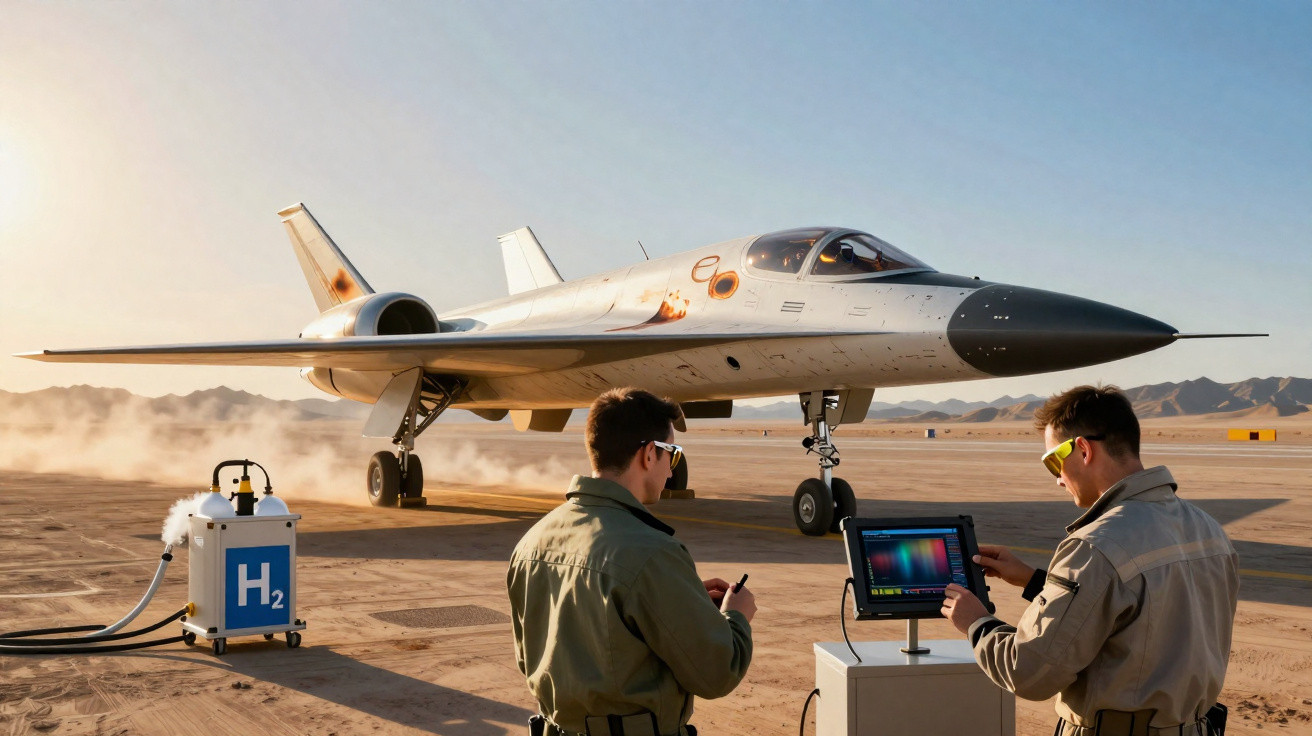 Aeronave movida a hidrogênio em pista de deserto com dois técnicos operando equipamentos eletrônicos.