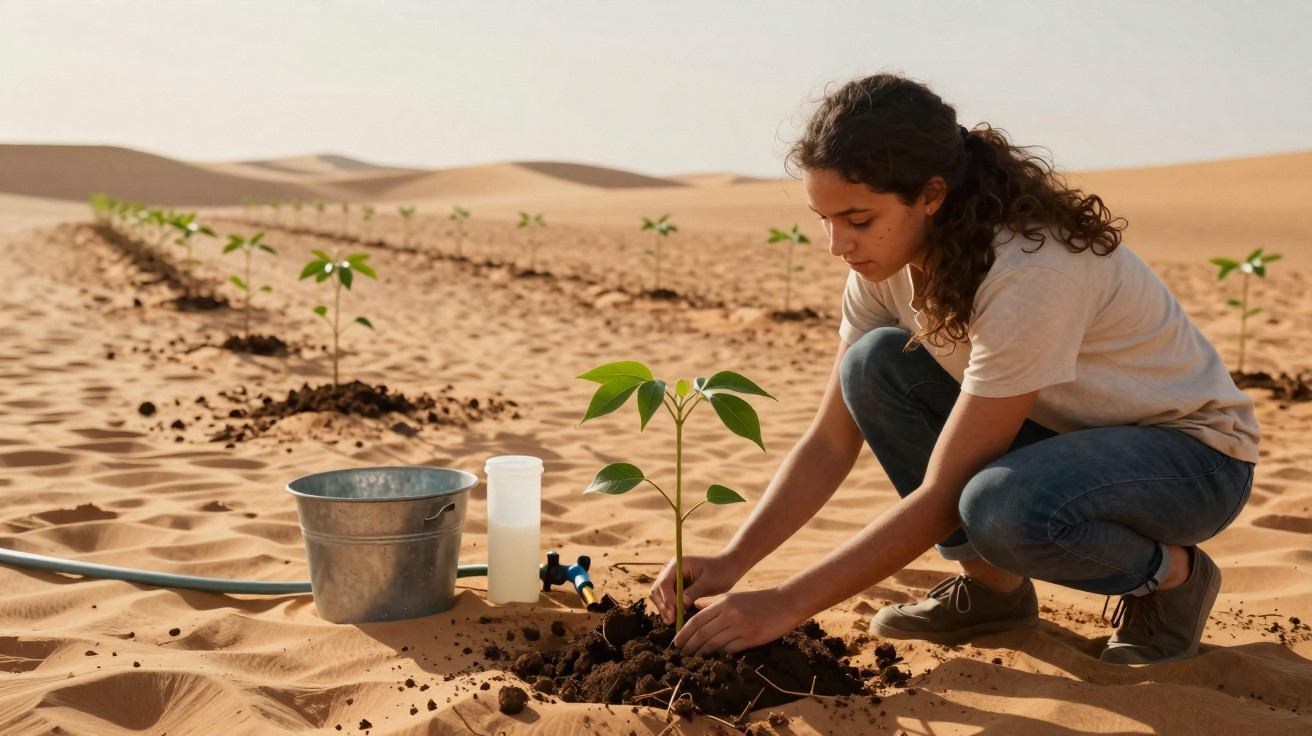 Mulher plantando muda em solo arenoso em área de deserto com várias mudas ao fundo.
