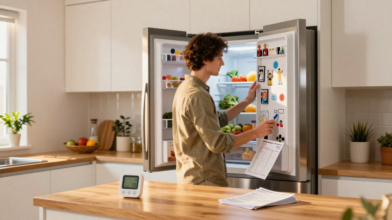 Pessoa olhando para a porta de geladeira aberta em cozinha moderna com frutas e plantas ao fundo.