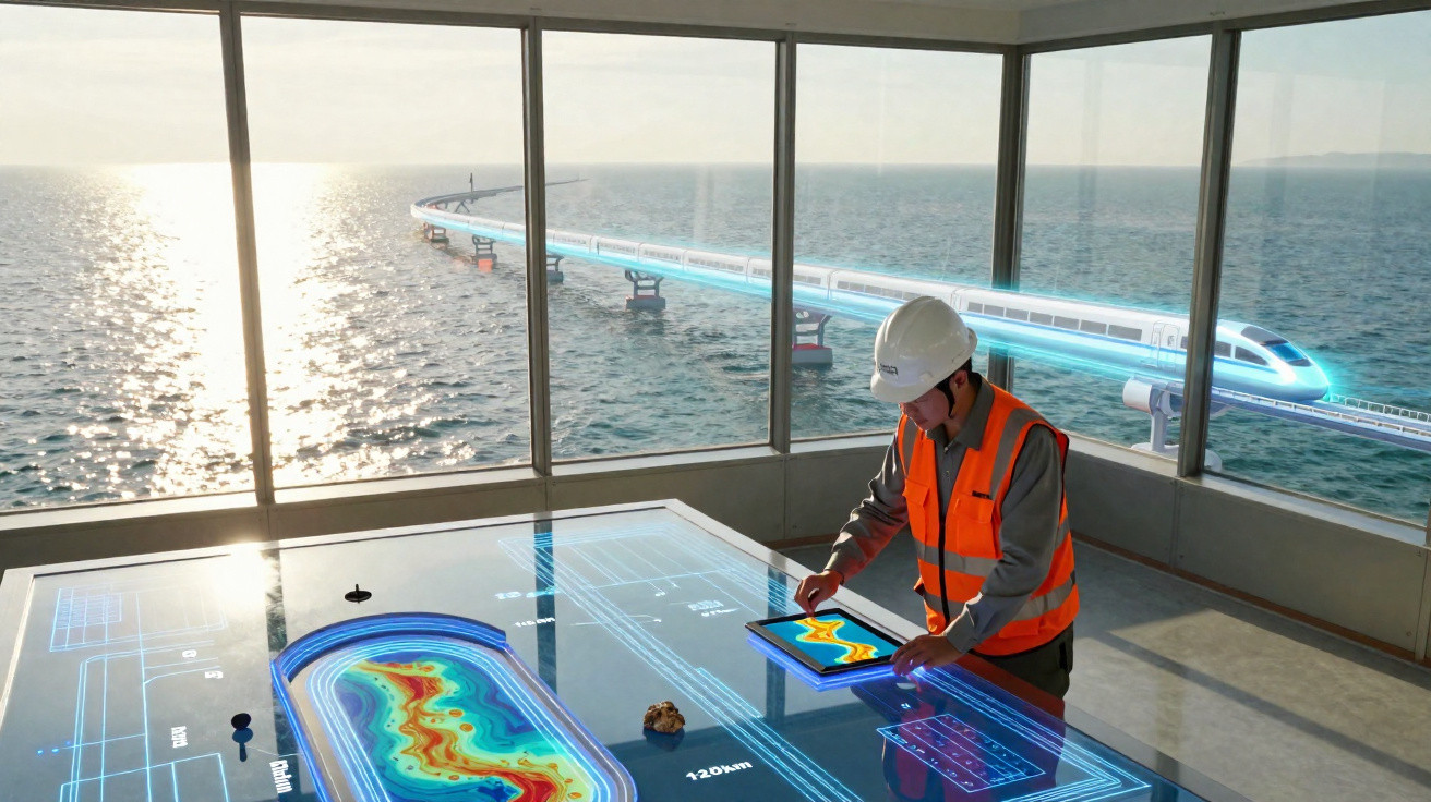 Engenheiro com colete laranja e capacete trabalha em mesa digital com mapas e trem futurista no mar ao fundo.