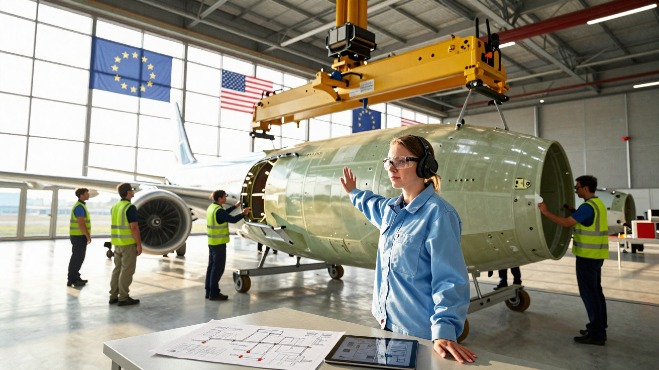 Mulher com capacete e protetor auricular orienta equipe perto de peça de aeronave em hangar com bandeiras da Europa e EUA.