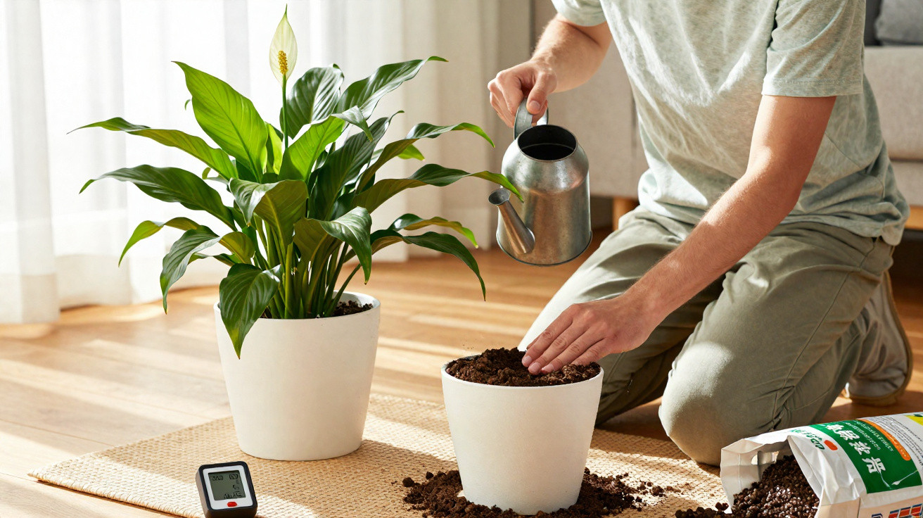 Pessoa regando solo em vaso branco ao lado de planta verde em ambiente iluminado por luz natural.
