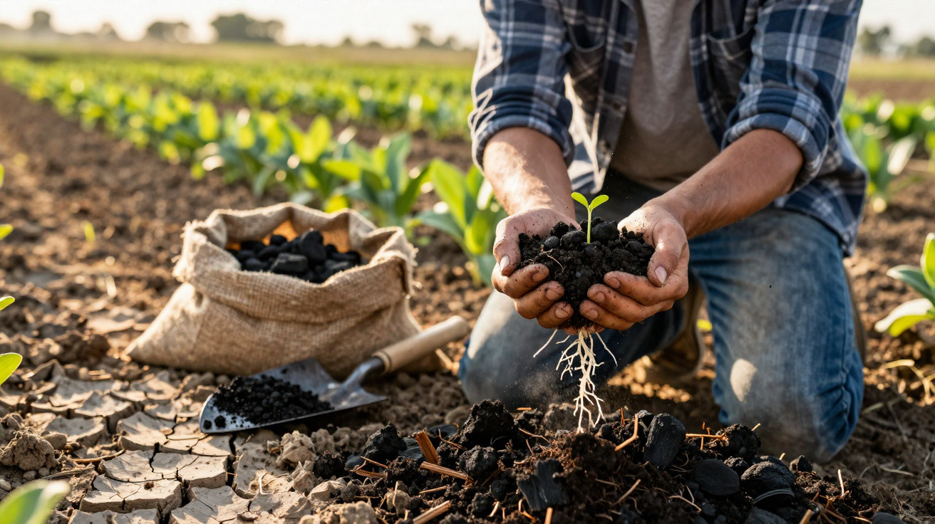 Pessoa ajoelhada segurando muda com raízes na terra seca em plantação ao ar livre.