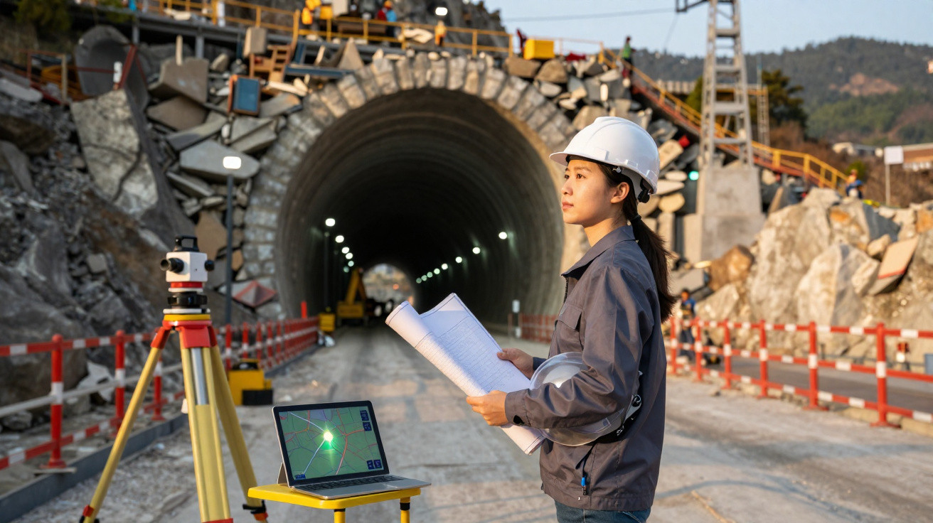 Engenheira com capacete e planta na mão avaliando obra de túnel em construção no canteiro.
