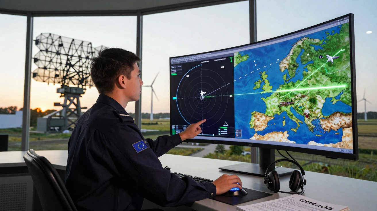 Soldado europeu operando radar com mapa de voo na tela em centro de controle moderno.