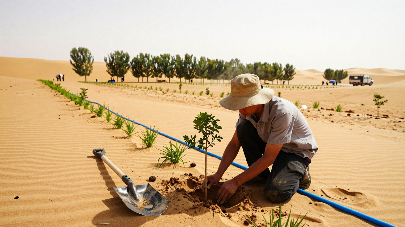 Homem plantando muda em solo arenoso com irrigação por gotejamento no deserto.