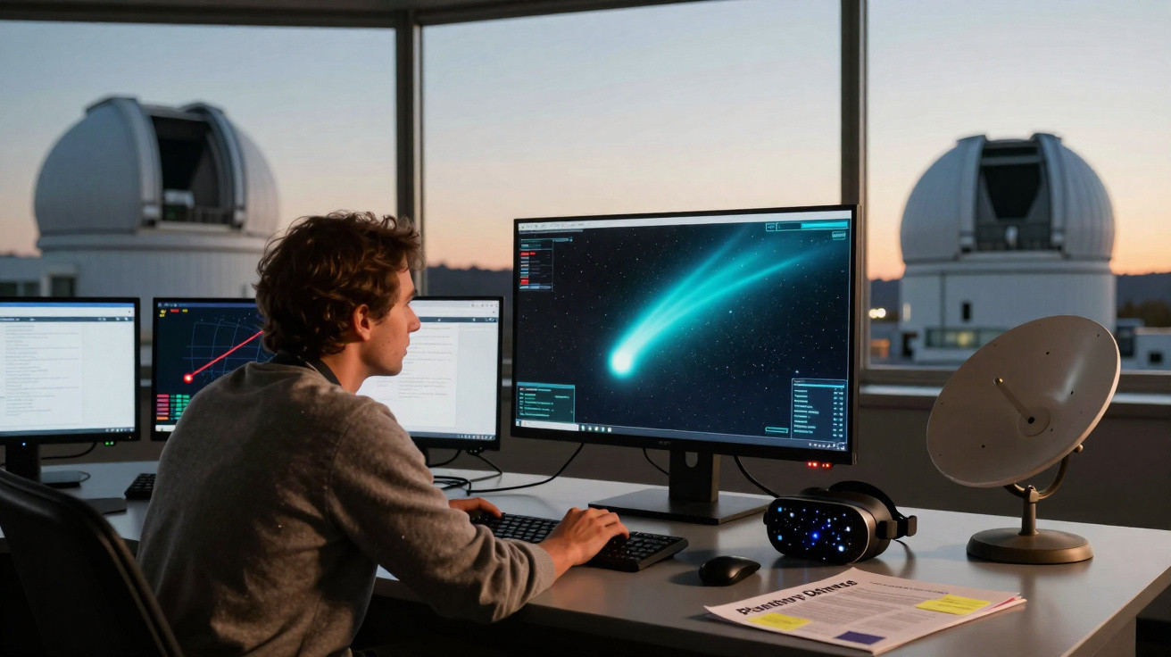 Pessoa analisando imagem de cometa em computador dentro de observatório astronômico ao entardecer.