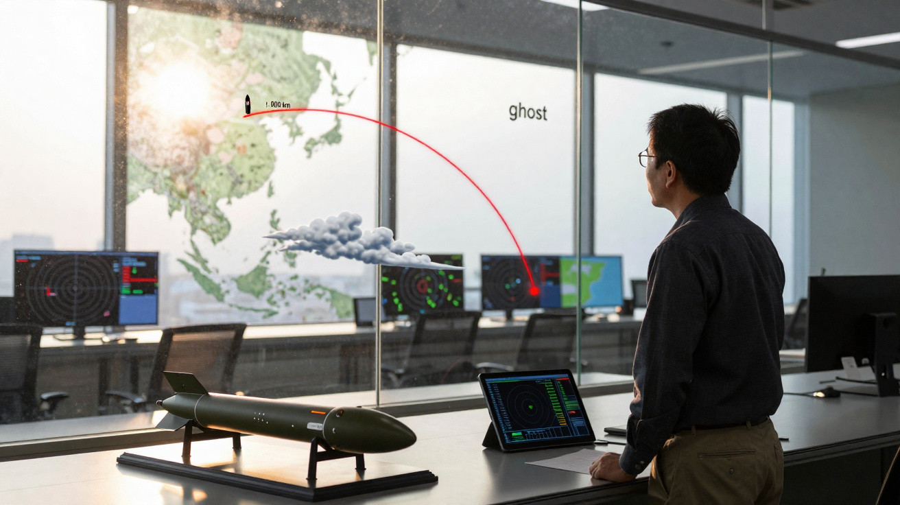 Homem observa sala de controle com telas de radar e maquete de míssil em mesa, painel com mapa ao fundo.
