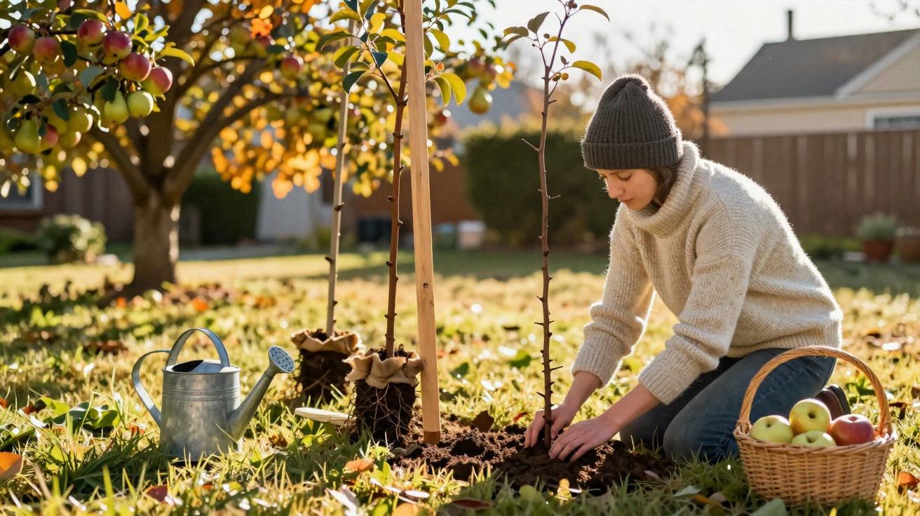 Mulher plantando árvores jovens em jardim, com regador e cesta de maçãs ao lado, em tarde ensolarada.