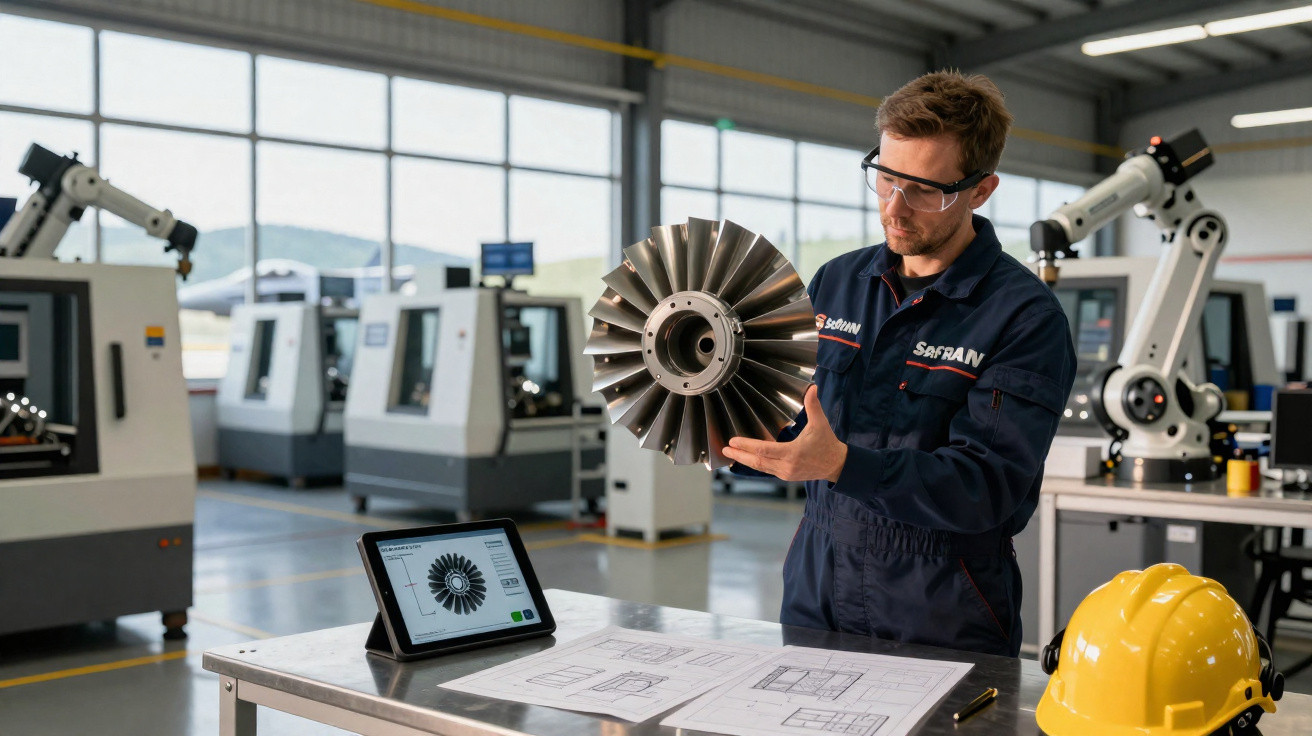 Engenheiro analisa peça metálica de turbina em fábrica com máquinas e robôs industriais ao fundo.