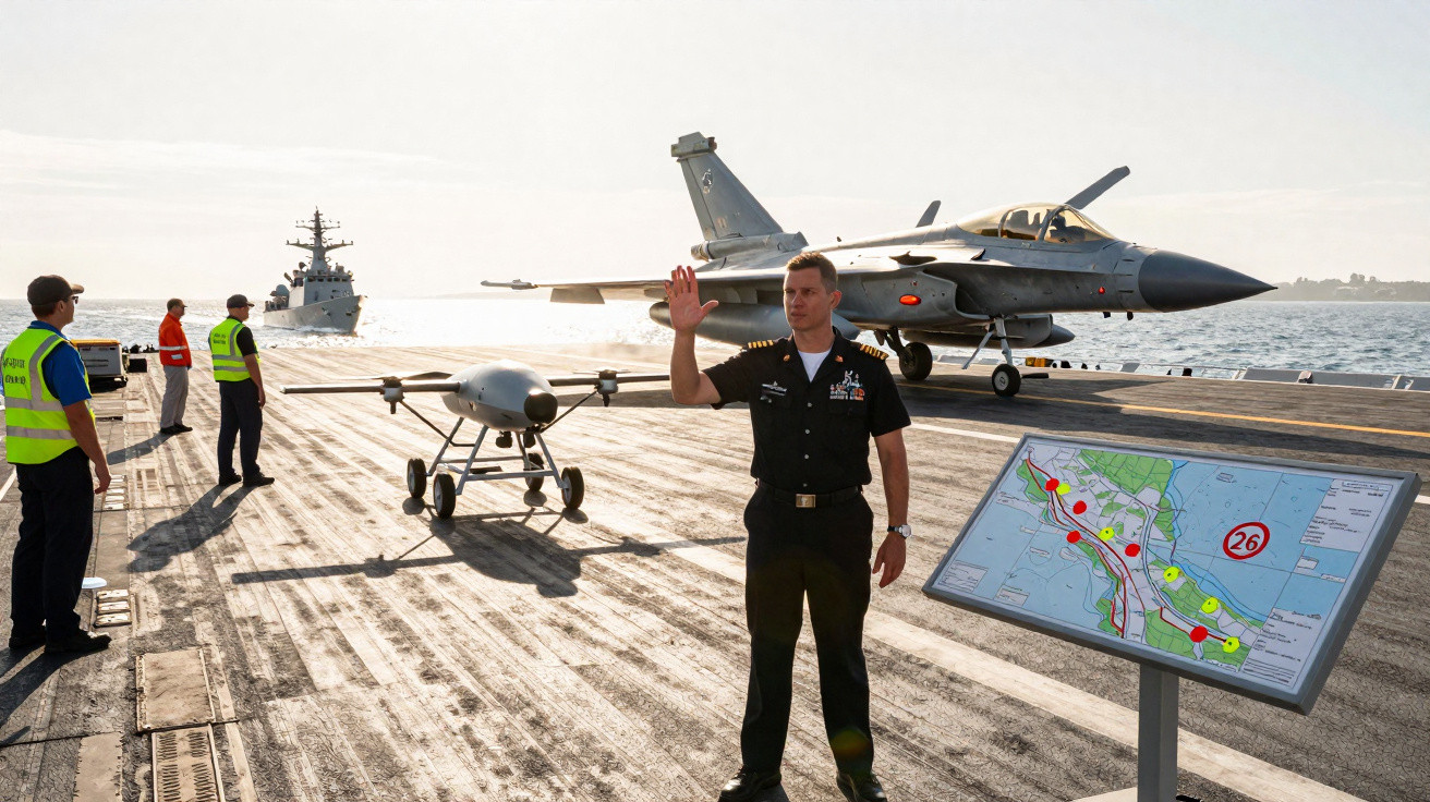Militar na pista de pouso de porta-aviões com drone, caça e mapa naval à beira-mar durante operação militar.