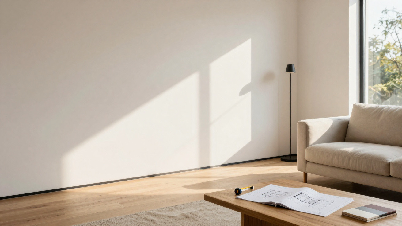 Sala de estar minimalista com sofá, luminária de chão, mesa de madeira com plantas e planta ao fundo.