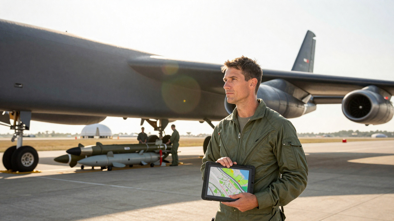 Militar em uniforme verde segurando tablet com mapa ao lado de avião militar e equipamento na pista.