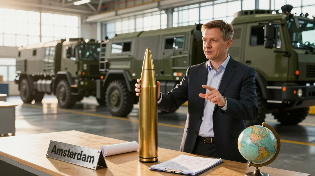 Homem de terno apresenta projétil grande em mesa com mapa e veículos militares ao fundo dentro de galpão.