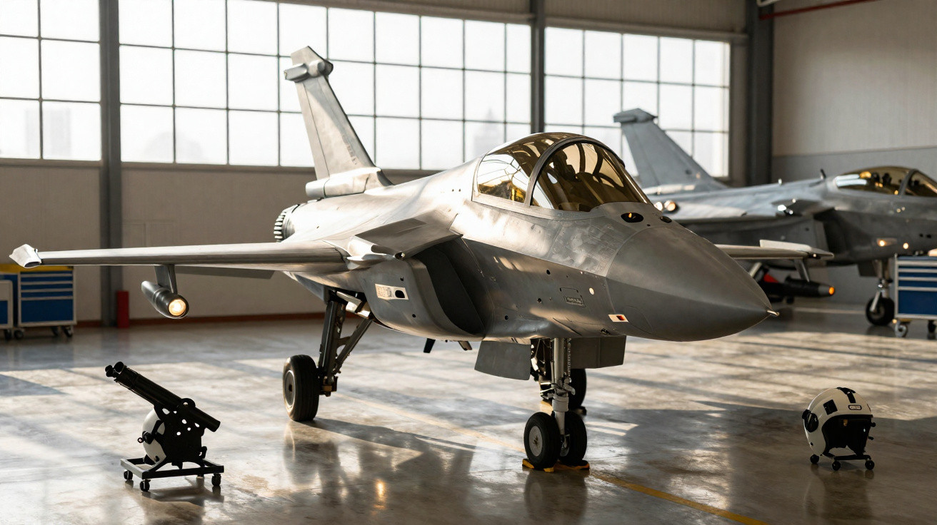 Caça militar cinza estacionado em hangar com capacete e equipamento ao lado.