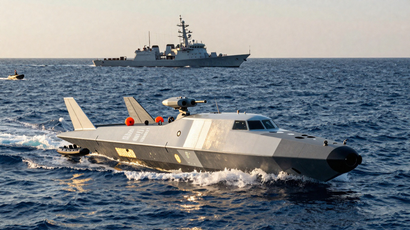 Veículo naval não tripulado militar em deslocamento próximo a um destróier no mar.