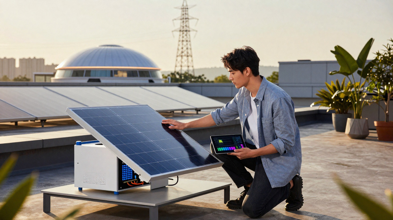 Homem ajusta painel solar pequeno em mesa ao ar livre com tablet na mão em terraço urbano.