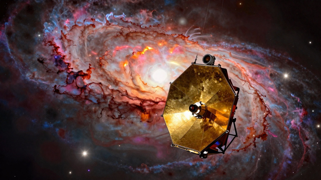 Sonda espacial dourada em órbita próxima a uma galáxia espiral colorida e brilhante no espaço cósmico.