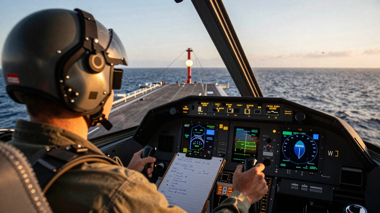 Piloto em cabine de helicóptero realizando pouso em navio com painel de controle e mar ao fundo.