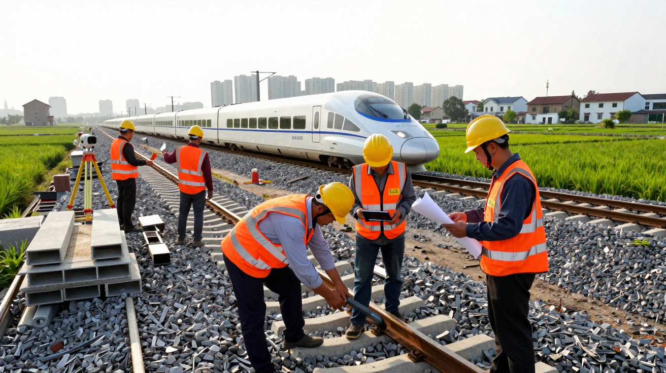 Engenheiros em coletes e capacetes laranja trabalham na manutenção de trilhos próximos a um trem de alta velocidade branco.
